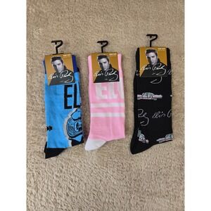 Elvis Presley Crew Socks 3 Pack Blue Pink Black Cadillac Signature Mens 7-12 NEW